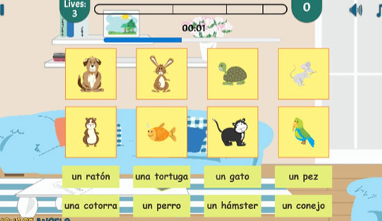 Language Angels interactive game matching animals to vocabulary